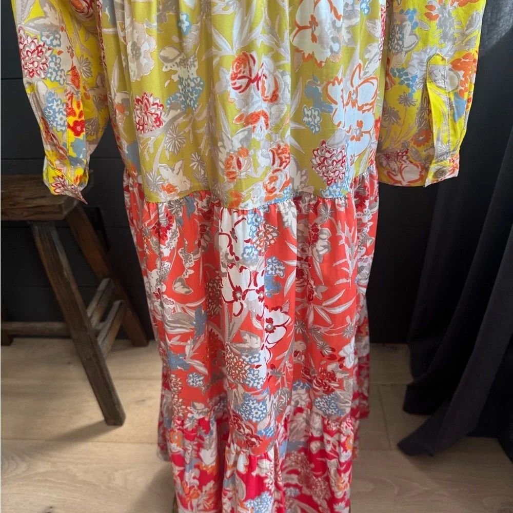 French Connection Yellow and Red Tiered Flowy Boho Floral Long Sleeve Maxi Dress - Picture 7 of 11